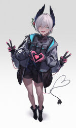  1girl ;d arknights dark-skinned_female dark_skin double_v extra_arms feather_hair from_above full_body grey_hair heart heart_hands highres nian_(zhanian) one_eye_closed pixie_cut raidian_(arknights) short_hair smile solo v very_short_hair 