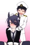  1boy 1girl ^_^ age_difference black_legwear blush chiba_toshirou closed_eyes dress_shirt eyepatch gloves hair_ornament kantai_collection necktie open_mouth petting purple_hair shirt shota_admiral_(kantai_collection) skirt smile tenryuu_(kantai_collection) thigh-highs white_gloves yellow_eyes 