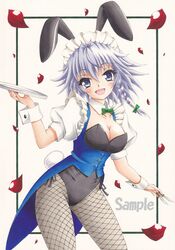  1girl animal_ears blue_eyes bow braid breasts bunny_tail bunnysuit cleavage collarbone contrapposto cowboy_shot cuff_links detached_collar fishnet_pantyhose fishnets hair_bow holding izayoi_sakuya knife looking_at_viewer maid_headdress millipen_(medium) munmu open_mouth pantyhose puffy_short_sleeves puffy_sleeves rabbit_ears sample short_hair short_sleeves silver_hair smile solo tail touhou traditional_media tray twin_braids white_background 