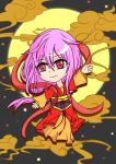  1girl adapted_costume chibi guilty_crown hair_ornament japanese_clothes long_hair moon pink_hair red_eyes solo twintails yuzuriha_inori 