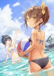  2girls ass ball beachball bikini black_hair brown_eyes brown_hair doonatsu. hair_bun multiple_girls original short_hair swimsuit twintails violet_eyes 