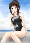  1girl :d alternate_costume arm_support bare_legs black_hair blush breasts chitanda_eru clouds collarbone competition_swimsuit fuuma_nagi hand_on_own_chest hyouka looking_at_viewer one-piece_swimsuit open_mouth sitting sky smile solo swimsuit violet_eyes 