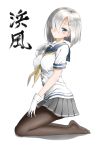  1girl absurdres black_legwear blue_eyes character_name gloves grey_skirt hair_ornament hair_over_one_eye hairclip hamakaze_(kantai_collection) hand_on_thigh highres kantai_collection kneeling looking_at_viewer neckerchief pantyhose pleated_skirt sailor_collar school_uniform serafuku short_hair silver_hair simple_background skirt solo takahan white_background white_gloves 