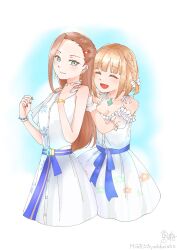  2girls bangs_pinned_back blonde_hair brown_hair fish_hair_ornament hair_ornament hairband heaven_burns_red highres long_hair mgr03 multiple_girls ooshima_muua ooshima_niina short_hair 