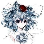  1girl animal_ears bust detached_sleeves hat highres inubashiri_momiji portrait red_eyes short_hair silver_hair simple_background solo tokin_hat touhou white_background wolf_ears 
