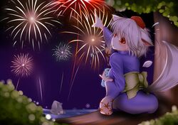  1girl animal_ears blush breasts hat highres in_tree inubashiri_momiji japanese_clothes kimono looking_at_viewer looking_back nature night night_sky notya pointing red_eyes silver_hair sitting sitting_in_tree sky solo star star_(sky) starry_sky sweatdrop tagme tail tokin_hat touhou tree wolf_ears wolf_tail 