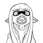  1girl artist_request black_eyes fangs inkling monochrome monster_girl open_mouth pointy_ears sharp_teeth splatoon tentacles tongue uvula 