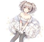  1girl artist_name bare_shoulders black_legwear blush collarbone dated dress earrings gloves grey_eyes jewelry looking_at_viewer nardack short_hair short_twintails signature silver_hair sitting solo star striped striped_legwear twintails vertical-striped_legwear vertical_stripes white_background white_gloves 
