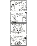  1girl 2boys 4koma :3 bkub comic crazy crazy_smile highres knife monochrome multiple_boys musical_note payot pointing poptepipic popuko school_uniform serafuku simple_background speed_lines translated two-tone_background two_side_up 