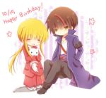  2boys ^_^ armband blonde_hair brown_hair cat chibi closed_eyes coat diana_(umineko) hands_in_pockets happy_birthday kneeling multiple_boys okuo open_mouth ponytail sitting smile umineko_no_naku_koro_ni ushiromiya_lion white_cat willard_h_wright yellow_eyes 