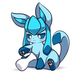  absurdres animal_focus blue_eyes blue_fur blue_hair blue_sclera closed_mouth colored_sclera full_body glaceon highres no_humans pawpads pokemon pokemon_(creature) pokemon_focus sevi_(seviyummy) simple_background sitting solo tail vase white_background 