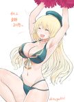  1girl :d ^_^ armpits arms_up atago_(kantai_collection) bare_shoulders beret bikini blonde_hair blue_bikini breasts cleavage closed_eyes hat highres kantai_collection large_breasts long_hair navel okitsugu one_leg_raised open_mouth pom_poms simple_background smile solo swimsuit white_background 