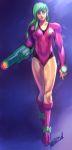  1girl alternate_costume alternate_hair_color arm_cannon blue_eyes boots breasts female green_hair highres knee_boots leotard long_hair metroid robert_porter samus_aran solo weapon 