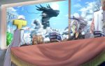  clouds desk desukingu dragon female_admiral_(kantai_collection) folded_ponytail hat horns inazuma_(kantai_collection) kantai_collection monster_girl popsicle short_hair silhouette sky sun t-head_admiral 