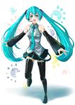  1girl aqua_eyes aqua_hair aqua_nails bare_shoulders boots breasts detached_sleeves full_body hatsune_miku headset jastersin21 long_hair necktie open_mouth running shadow skirt solo tattoo thigh-highs thigh_boots twintails very_long_hair vocaloid white_background wide_sleeves zettai_ryouiki 