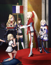  6+girls akigumo_(kancolle) beret black_gloves black_skirt blonde_hair blue_eyes blue_hair blue_hairband blue_necktie blue_ribbon blue_streaks blue_thighhighs blunt_sidelocks boots breasts brown_hair closed_eyes commandant_teste_(kancolle) dress elbow_gloves freckles french_flag gloire_(kancolle) gloves gradient_hair gradient_scarf green_eyes hair_between_eyes hair_ribbon hairband hat high_heel_boots high_heels highres jean_bart_(kancolle) kantai_collection kneeling langley_(kancolle) large_breasts long_hair miniskirt mogador_(kancolle) mole mole_under_eye multicolored_hair multicolored_scarf multiple_girls necktie odachu one_eye_closed plaid_clothes plaid_scarf pleated_skirt ponytail red_streaks ribbon richelieu_(kancolle) richelieu_deux_(kancolle) scarf short_hair sidelocks sitting skirt standing strapless strapless_dress streaked_hair thigh-highs wavy_hair white_boots white_gloves white_streaks white_thighhighs 