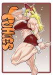  1girl barefoot blonde_hair brand_name_imitation breasts cleavage cuffs highres hooters horn hoshiguma_yuugi huge_breasts jackasss leg_lift long_hair muscle red_eyes shackles solo standing_on_one_leg toe_scrunch toes touhou undersized_clothes visor_cap waitress 