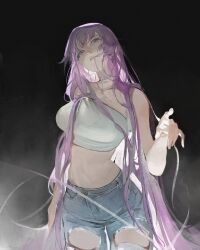 1girl absurdres bakemonogatari bare_shoulders collarbone cowboy_shot denim earrings gradient_background grey_eyes hand_up highres jeans jewelry kanji_(nievart) long_hair looking_up mdiriff monogatari_(series) necklace pants purple_hair senjougahara_hitagi solo strapless torn_clothes torn_jeans torn_pants tube_top very_long_hair white_tube_top 