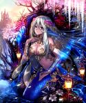  1girl blue_eyes breasts flower forehead_jewel gauntlets hair_ornament head_fins highres kyo=hibiki long_hair looking_at_viewer mermaid monster_girl navel official_art original petals scales shingoku_no_valhalla_gate silver_hair solo very_long_hair 