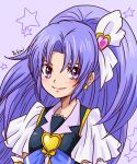  1girl artist_name blush cure_fortune earrings eyelashes hair_ornament happinesscharge_precure! happy highres hikawa_iona jewelry long_hair looking_at_viewer magical_girl ponytail portrait precure purple purple_background purple_hair shirt sketch smile solo star star_earrings vest violet_eyes yukimi_(kurumi-no-naruki) 
