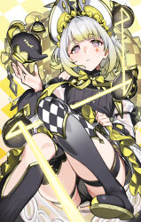  1girl 92m animal_ears black_leotard blonde_hair breasts checkered_clothes checkered_legwear checkered_pillow checkered_thighhighs detached_sleeves diamond_facial_mark duel_monster facial_mark frilled_hairband frills hairband highres leotard long_sleeves looking_at_viewer maliss_&lt;p&gt;_dormouse mouse_ears mouse_girl multicolored_hair see-through_clothes see-through_skirt see-through_sleeves short_hair skirt solo violet_eyes yu-gi-oh! 