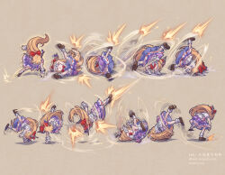  1girl absurdres afterimage arm_warmers artist_name bow breakdance brown_hair brown_shoes chinese_commentary commentary_request dated drunken_fist fighting_game gourd hair_bow highres horn_bow horn_ornament horns ibuki_suika jamie_siu kicking legs_up long_hair nero_augustus red_bow shoes signature simple_background skirt socks spinning street_fighter street_fighter_6 touhou twitter_username white_socks 