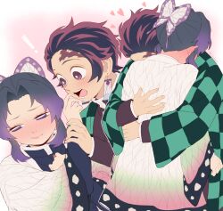  1boy alternate_universe animal_print belt black_hair blue_butterfly blush brown_hair bug butterfly butterfly_print checkered_clothes checkered_haori checkered_sash closed_eyes contemporary couple demon_slayer_uniform earrings flower gradient_hair hanafuda hanafuda_earrings haori highres hug japanese_clothes jewelry kamado_tanjirou kimetsu_no_yaiba kishimen_hair kochou_shinobu multicolored_hair open_mouth purple_butterfly scar scar_on_face scar_on_forehead smile sword_writing updo user_fhwv8447 white_belt wisteria 