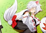  1girl animal_ears bare_shoulders blush closed_eyes detached_sleeves grass inubashiri_momiji kogekake light_smile midriff nature no_hat pom_pom_(clothes) shield short_hair silver_hair solo sword tail touhou weapon wolf_ears wolf_tail 