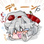  1girl :3 animal_ears blush chibi crying crying_with_eyes_open hat inubashiri_momiji looking_at_viewer noai_nioshi open_mouth short_hair silver_hair solo streaming_tears tail tears tokin_hat touhou translation_request tripping wolf_ears wolf_tail 