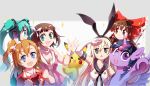  5girls :d amami_haruka black_eyes blonde_hair blue_eyes bow brown_eyes brown_hair commentary_request crossover elbow_gloves gloves gohei green_eyes green_hair hair_bow hair_ornament hair_ribbon hakurei_reimu hatsune_miku headphones idol idolmaster kantai_collection kousaka_honoka long_hair looking_at_viewer love_live!_school_idol_project multiple_crossover multiple_girls my_little_pony open_mouth pegasus pikachu pokemon pokemon_(creature) pony ribbon school_uniform serafuku shimakaze_(kantai_collection) short_hair smile sparkle touhou triangle_mouth twilight_sparkle twintails unicorn violet_eyes vocaloid xin_yu_hua_yin 