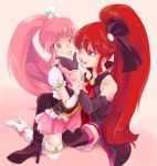  2girls aino_megumi black_gloves black_legwear blue_eyes boots cure_lovely detached_sleeves eyelashes genderswap gloves gradient gradient_background haco4_(aiko) hair_ornament happinesscharge_precure! high_heel_boots high_heels long_hair looking_at_viewer magical_girl multiple_girls open_mouth phantom_(happinesscharge_precure!) pink_eyes pink_hair pink_skirt ponytail precure puffy_sleeves redhead shirt skirt thigh-highs thigh_boots unlovely_(happinesscharge_precure!) vest white_legwear wrist_cuffs zettai_ryouiki 