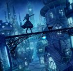  1girl architecture balancing barefoot black_cat blue cat city clock clock_tower dutch_angle from_behind kaitan lantern long_hair monochrome night original outstretched_arms revision solo spread_arms tower 