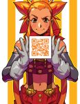  1girl cryamore detached_sleeves esmyrelda_maximus freckles gloves goggles goggles_on_head long_hair midriff navel orange_eyes orange_hair payot qr_code robert_porter sign smile solo spiky_hair suspenders white_gloves 