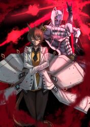  1girl absurdres agnes_tachyon_(umamusume) ahoge animal_ears black_necktie black_shirt brown_eyes brown_hair cat_ears collared_shirt commentary crossover diamond_wa_kudakenai earrings feet_out_of_frame glowing glowing_eyes hair_between_eyes half-closed_eyes hasewo hem_peeking_out highres horse_ears horse_girl horse_tail jewelry jojo_no_kimyou_na_bouken jojo_pose killer_queen kira_yoshikage's_pose_(jojo) long_sleeves necktie pantyhose red_eyes shirt short_hair short_necktie single_earring sleeves_past_fingers sleeves_past_wrists smile sweater tail test_tube umamusume yellow_sweater zipper zipper_pull_tab 