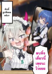  bare_shoulders cosplay dinosaur dress elbow_gloves frilled_dress frills gloves grey_hair hair_between_eyes highres horns indie_virtual_youtuber jewelry maid_headdress mushoku_tensei nagisa-chan_(nakatokung) nakatokung necklace nervous_sweating open_mouth panicking real_life_insert roxy_migurdia roxy_migurdia_(cosplay) sweat translated 