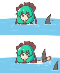  1girl :/ bow closed_mouth fake_shark_fin front_ponytail green_eyes green_hair hair_bow hair_ribbon kagiyama_hina mizusoba multiple_girls partially_submerged red_ribbon ribbon shark shark_fin touhou v-shaped_eyebrows 