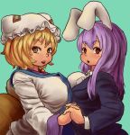  2girls animal_ears asymmetrical_docking blazer blonde_hair breast_press breasts chanta_(ayatakaoisii) dress fox_tail hat hat_with_ears holding_hands huge_breasts interlocked_fingers jacket large_breasts long_hair looking_at_viewer multiple_girls multiple_tails open_mouth pun purple_hair rabbit_ears red_eyes reisen_udongein_inaba tabard tail touhou white_dress yakumo_ran yellow_eyes 