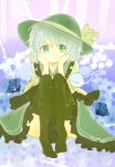  1girl bow dress green green_eyes green_hair hat hat_bow knora komeiji_koishi sitting thigh-highs third_eye touhou 