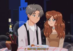  1boy 1girl blue_eyes brenni_murasaki brown_eyes brown_hair candle dress food humanization lady_(disney) lady_and_the_tramp long_hair meatball night pasta short_hair smile spaghetti spaghetti_and_meatballs table tramp_(disney) 