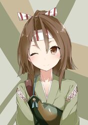  1girl blush brown_eyes brown_hair bust camouflage hachimaki headband japanese_clothes kantai_collection kskasutera looking_at_viewer muneate one_eye_closed ponytail smile solo zuihou_(kantai_collection) 