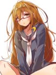  1girl between_legs black_skirt blush brown_eyes collarbone crescent_moon glasses hair_over_one_eye indian_style kantai_collection long_hair long_sleeves looking_at_viewer mataichi_matarou mochizuki_(kantai_collection) moon orange_hair red-framed_glasses school_uniform semi-rimless_glasses serafuku simple_background sitting skirt solo under-rim_glasses very_long_hair white_background 