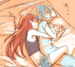  bed blue_hair fukutarou_(enji127) hair_down hug hug_from_behind mahou_shoujo_madoka_magica miki_sayaka pajamas redhead sakura_kyouko short_hair shorts sleeping 