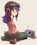  1girl clothes_around_waist dated dr._slump from_behind glasses grey_background looking_back nagian norimaki_arale pants purple_hair radio simple_background smile solo tank_top violet_eyes 