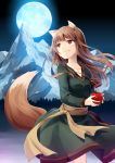  animal_ears apple brown_hair food fruit full_moon highres holo long_hair moon mountain natsu_(natume0504) night night_sky pouch red_eyes sky smile spice_and_wolf tail wolf_ears 