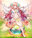  1girl :d aile_(crossroads) anklet barefoot blush breasts brown_hair dress earrings flora_(mythology) flower full_body gradient_hair grass greek_mythology hair_flower hair_ornament highres jewelry long_hair multicolored_eyes multicolored_hair navel open_mouth original pink_hair sitting smile solo thigh_gap toe_ring very_long_hair 