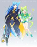  2boys androgynous blue_eyes blue_hair boots coat copyright_name gloves green_eyes green_hair grey_background highres jacket knee_boots long_hair male multiple_boys nahato_(tales) pants shoes shorts smile staff tales_of_(series) tales_of_the_world_reve_unita terun_(tales) wand yogura 