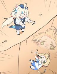  2girls absurdres ahoge animal_ear_fluff animal_ears bag black_hair blonde_hair blue_eyes blue_hair blue_hat blue_neckerchief blunt_bangs bow cat_ears cliff dooby_(vtuber) falling fins fish_girl fish_tail green_eyes hair_bow hat highres indie_virtual_youtuber jerboa_tail kneehighs lifebuoy_hair_ornament long_hair low_twintails messenger_bag motion_lines mouse_girl multicolored_hair multiple_girls neckerchief one_side_up pushing sailor_collar sailor_shirt sameko_saba school_uniform serafuku shirt short_hair shorts shoulder_bag sidelocks socks streaked_hair sweatdrop tail twintails ugaaaa1 very_long_hair virtual_youtuber white_shirt white_socks zoom_layer 