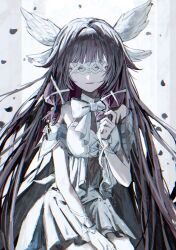  1girl absurdres black_hair bow closed_eyes columbina_(genshin_impact) dress eye_mask genshin_impact head_wings highres koumimi long_hair multicolored_hair pink_hair ribbon smile solo streaked_hair tagme two-tone_hair very_long_hair white_dress white_mask wings 