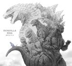  anniversary dated godzilla godzilla_(series) highres led_cat monochrome multiple_persona scales spikes tail 