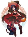  1girl animal_ears black_hair blue_eyes blush boots bow breasts cape cat_ears cat_tail cleavage dress fang gloves halloween hat highres kemonomimi_mode kill_la_kill kuma_yuu leg_hug living_clothes matoi_ryuuko multicolored_hair pantyhose senketsu short_hair smile streaked_hair tail witch witch_hat 